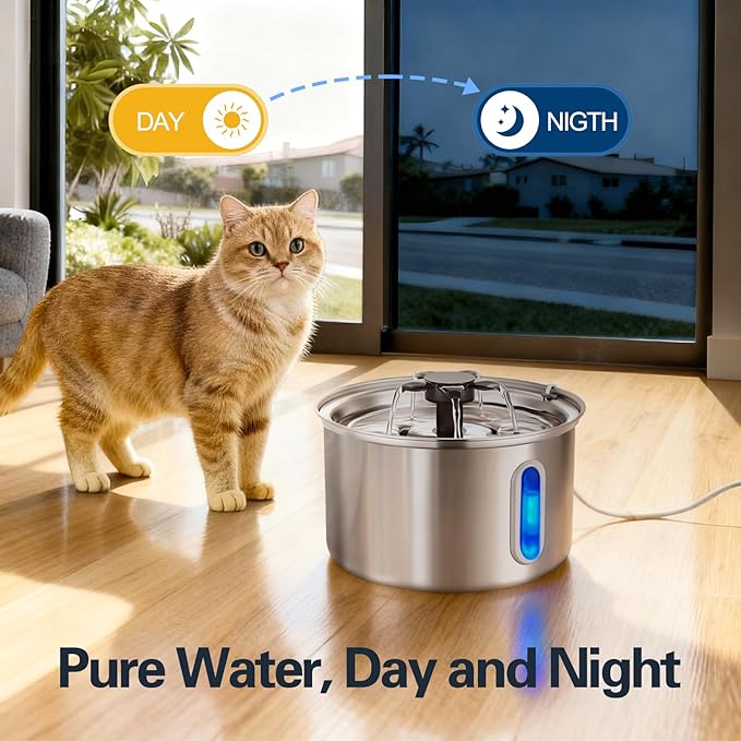 3L/101oz Stainless Steel Cat Water Fountain for Indoor Use - Ultra Quiet Automatic Cat Fountain for Drinking, BPA-Free Pet Water Dispenser for Cats/Small Dogs LED Window (2 Filters 2 Sponges)