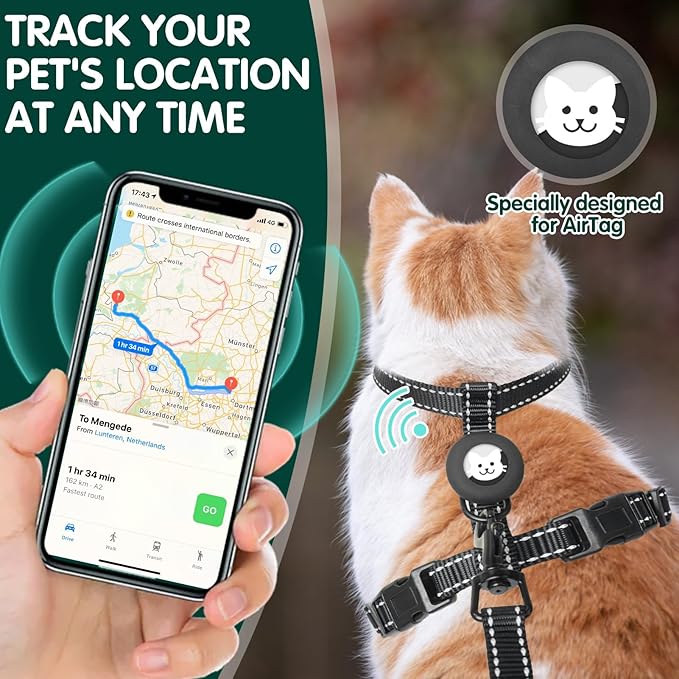 BINGPET Cat Harness with Airtag Holder, Cat Harness and Leash Set Escape Proof for Walking Travel Outdoor, Soft Adjustable Kitten Harnesses for Small Medium Large Cats, Black(Chest:12.5"-18")