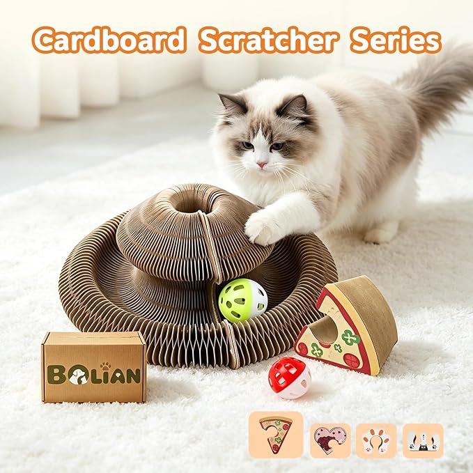 Magic Organ Cat Scratcher, Foldable Accordion Scratching Board with Bell Ball, Interactive Pizza Style Cardboard Scratch Pad, Reversible Toy for Indoor Cats