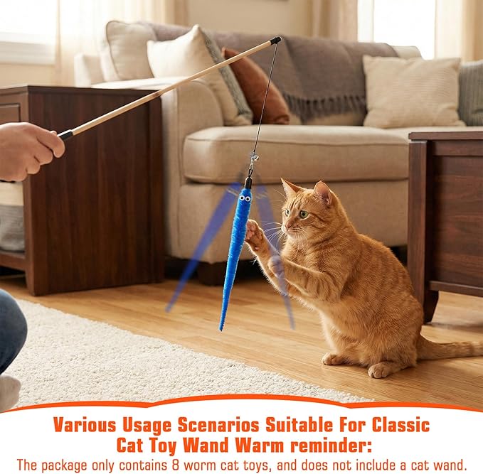 Larrel 15PCS Cat Worm Toy Replacement, Cat Wand Toy Accessories, Soft Worm Cats Toys Teaser with Bell, Fuzzy Worms Toys Attachments Replacements with Eyes for Indoor Cats and Kitten (5 Colors)