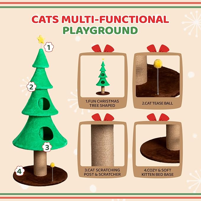 VINGLI 59in Large Christmas Tree Cat Tower for Indoor Cats, Green Cat Tree with 2 Cat Condos & Scratching Post, Soft Fleece Multi-Level Cat Tower with Teaser Toy, Sturdy Wide Base & Built-in Openings