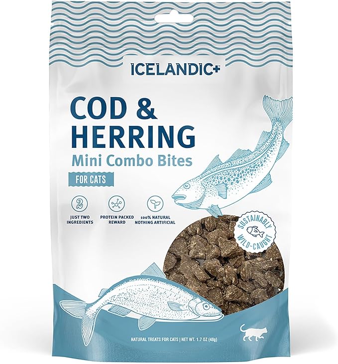 Icelandic+ Mini Combo Bites: Cod & Herring - 1.7oz Bag - Cat Treats, .25" Crunchy Bites, 2 Ingredient Natural Pet Snacks, No Fillers, Wild-Caught Fish