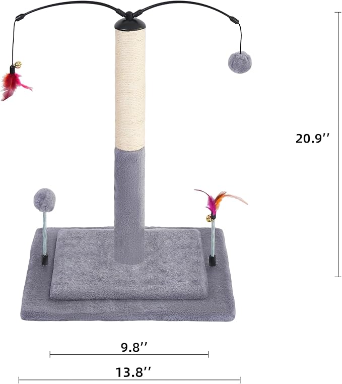 YUNIQUE Cat Scratching Post with Sisal Rope, Small Cat Tree with Dangling Balls & Feather for Kittens (Grey, 20.9)