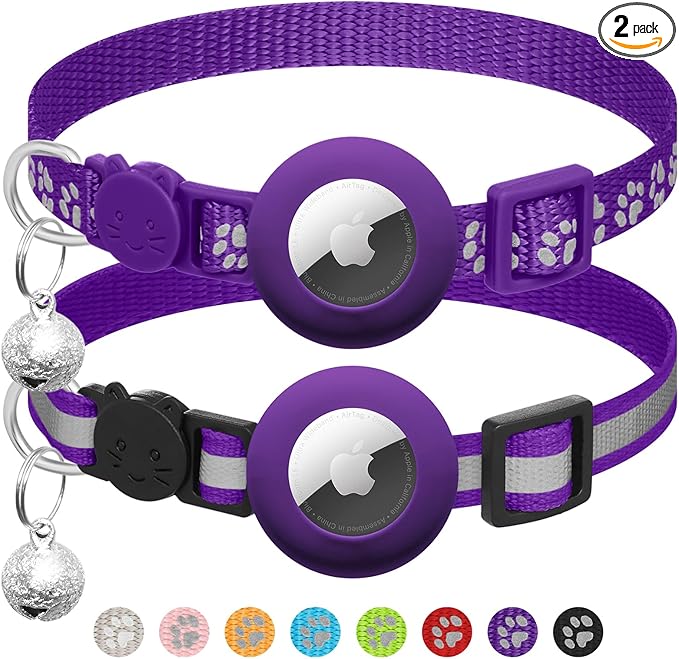 2 Pack Airtag Cat Collar Breakaway with Bell,Reflective Kitten Collar with Apple Airtag Cat Collar Holder,Adjustable 7-12In,Safety Buckle for Girl Boy Cats,Pet Supplies,Accessories,Gifts (Purple)