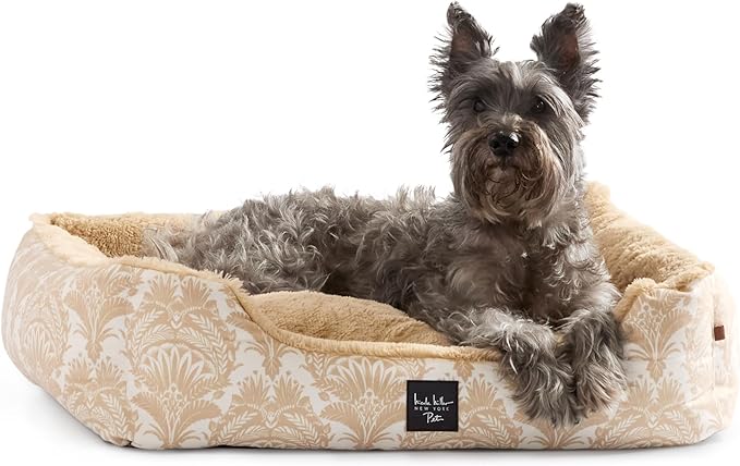 Nicole Miller New York PET Mod Damask Plushy Bolster Pet Bed, Cozy & Calming, Non-Slip Bottom, Machine Washable Cover, Taupe, Medium 30"x23"x8"