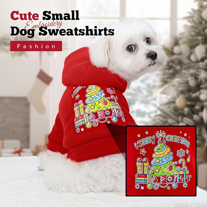 ABRRLO Small Dog Hoodie Clothes Red Christmas Dog Outfit Warm Fleece Dogs Sweater for Small Dogs Cat Boy Girl Cute Puppy Sweatshirt with Leash Hole Xmas Doggy Costume Chihuahua Yorkie(Xmas Tree,M)