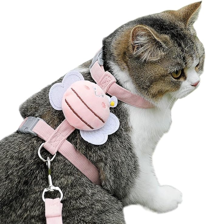 Cat Harness and Leash Set for Outdoor Travel Walking Escape Proof Soft Safe Adjustable Kitten Puppy Small Strap Cute Bee Wings Pink, S