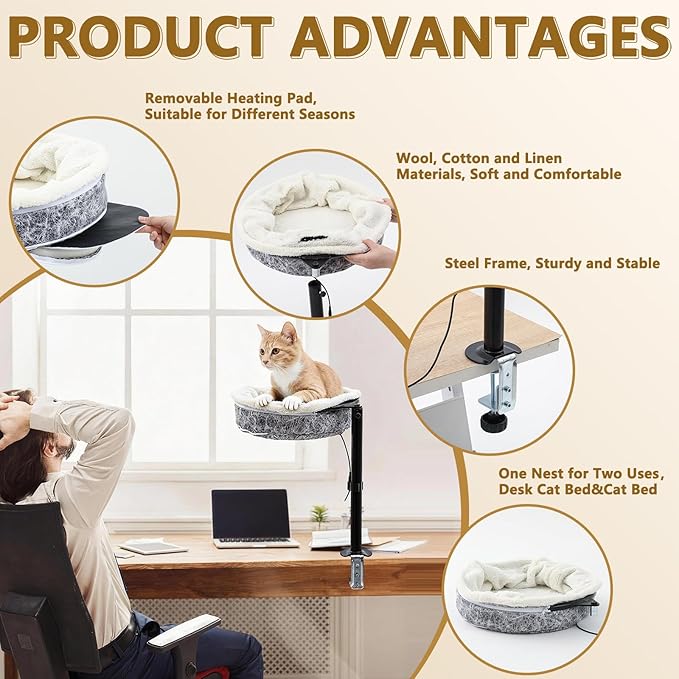 AceOrbit Cat Desk Bed with Removable Heating Pad, Space-Saving Cat Perch for Office & Gaming Desks, 40lbs Capacity, 4-Season Cats Bed for Indoor