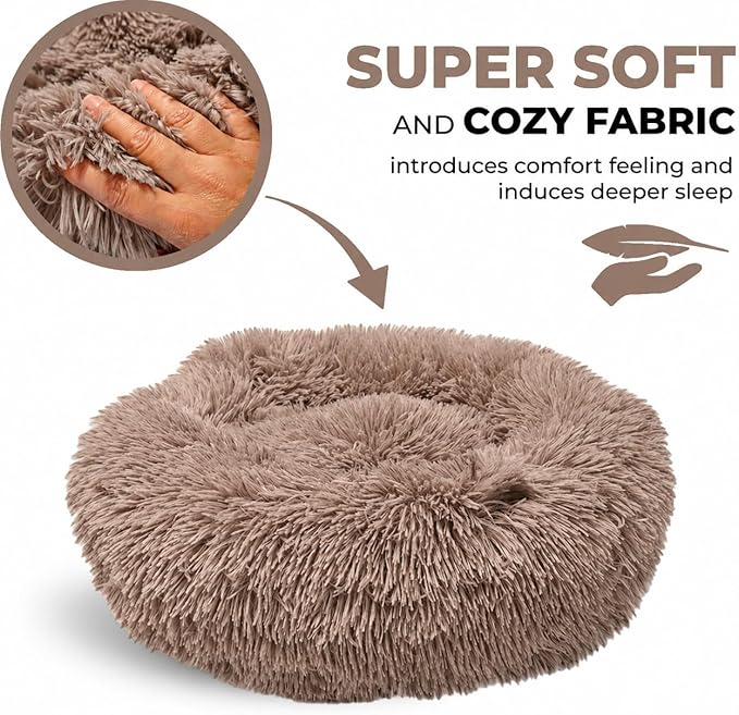 Whiskers & Friends Cat Beds for Indoor Cats, Fluffy Calming Donut Cat Bed, Small Dog Bed Washable - Orthopedic Soft Plush Pet Beds Sized for Kitten to Large Cats & Puppy to Small Dogs - Camel