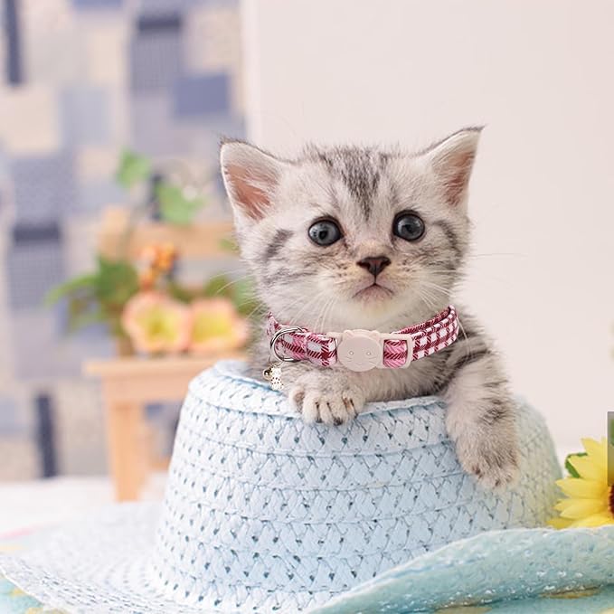 Elegant little tail 2 Pack Cat Collar-Pink Cotton Breakaway Cat Collars with Bell Pendant Kitten Boy Girl Safety Adjustable Collar for Small Cats Puppy