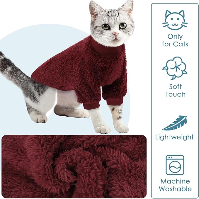 Sphynx Cat Sweater, Hairless Cats Turtleneck Pullover Kitten Sweaters for Cats Only, Warm and Soft Cat Pajamas Shirt with Sleeves Pet Winter Clothes Fleece Jumpsuit for Puppy, Burgundy M