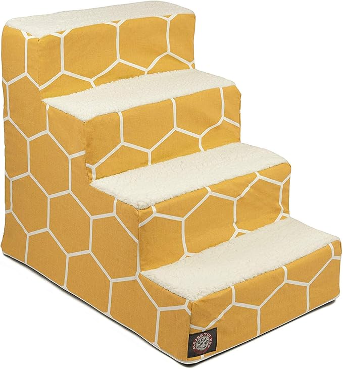 Majestic Pet 4 Step Portable Dog Stairs for Small Dogs to get on Bed Supports 250 lbs or Less – Dog Steps for High Bed with Machine Washable Cover –Pet Stairs for Cats Hexo Shapes Yellow