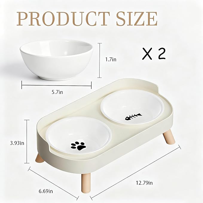Elevated Cat Bowls, 2 Ceramic Raised Cat Food and Water Bowl Set, Prevent Cat Chin Acne, Whisker Fatigue Friendly, Splash Proof & Dishwasher Safe for Indoor Cats and Small Dogs - White