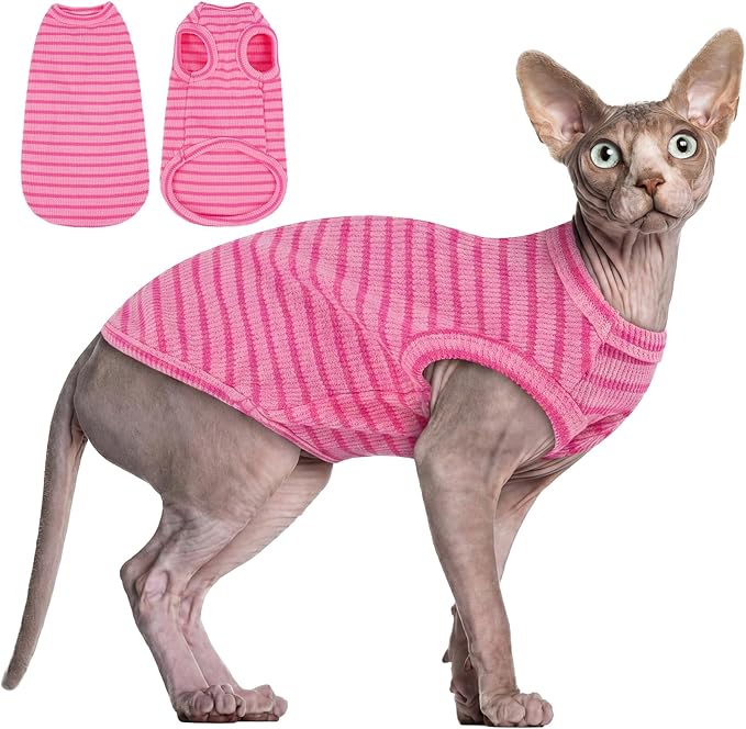 BRKURLEG Knit Cat Shirt, Sleeveless Pet Vest for Sphynx Cats and Small Dogs, Soft Pullover Spring Summer Apparel, Breathable T-Shirts with Round Collar (Rose Pink Stripes, M)