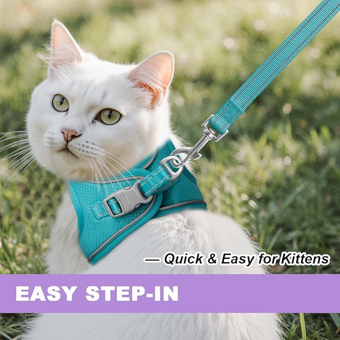 Cat Harness and Leash Set,Escape Proof Kitten Harness,Step in Adjustable Soft Lightweight,Easy Control,Reflective Strips Comfortable for Walking Travel(Ocean Blue,S)