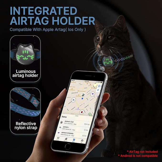 Waterproof Airtag 2nd & 1st Cat Collar, Breakaway Cat Airtag Collar with Luminous & Reflective Pattern Strap, Lightweight Kitten Collars for Apple Air tag, Hidden Holder - Cats, Kittens