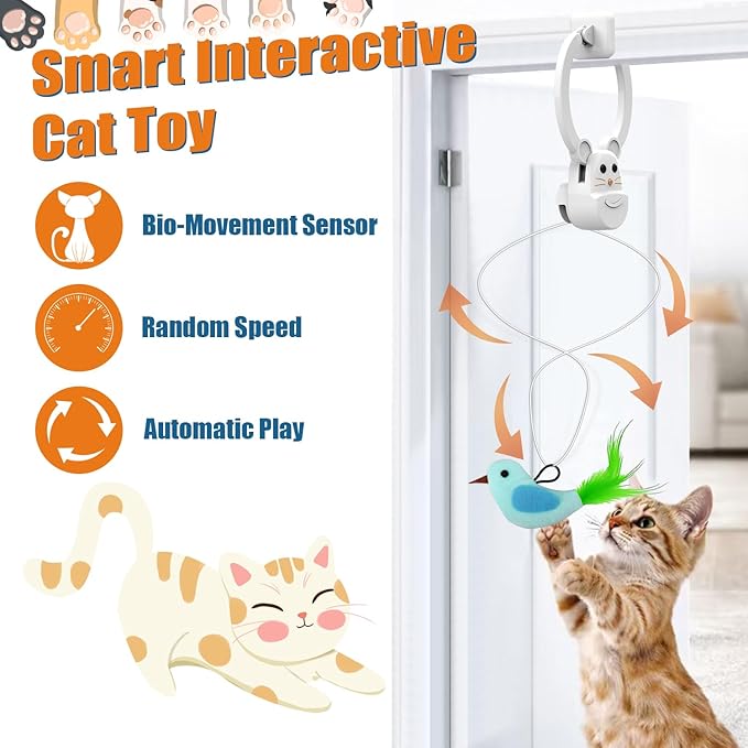 Interactive Cat Toys for Indoor Cats, Automatic Flying Bird Feather Wand Toy for Chase Exercise Enrichment, Rechargeable Durable Safe Hanging Cat Toy for Bored Kittens & Adult Cats