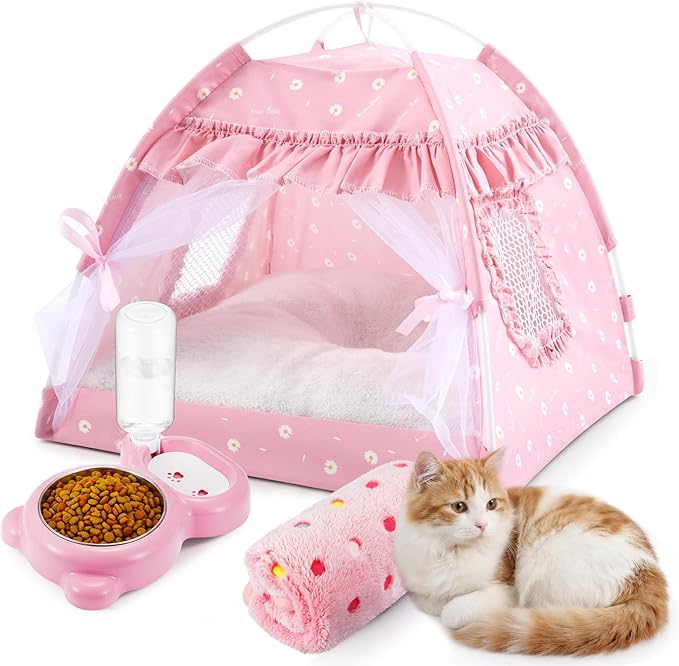 BreezeHug 3-in-1 Pet Princess Tent Bed Set for Cats & Small Dogs, Cute Soft Pink Cat Bed with Food Bowl, Water Dispenser & Washable Cushion, Complete Starter Kit for Indoor Pets