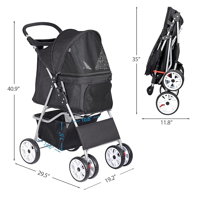 4 Wheels Foldable Pet Dog Cat Jogger Stroller Travel Carrier Strolling Cart w/Waterproof Cover Storage Basket Cup Holder & Removable Liner for Medium Small Cat Dog, Black