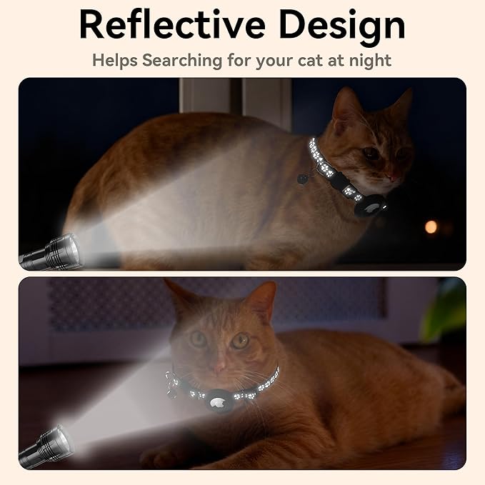 Airtag Cat Collar Breakaway, Adjustable Reflective Kitten Cat Collar with Apple AirTag Holder and Bell for Cats and Puppies (Black with Footprints)