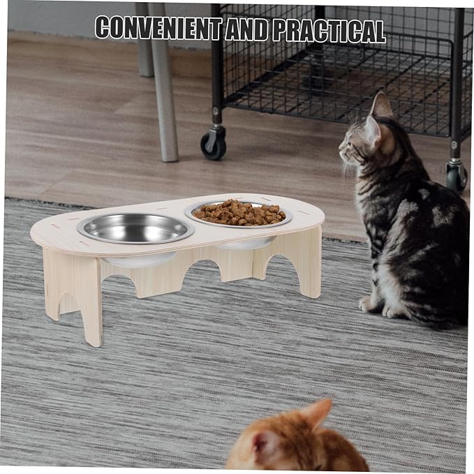 1set Elevated Bowls Stable Base Wood Stainless Steel Raised Feeder for Cats and Dogs Spill Design for Easy Feeding and Watering