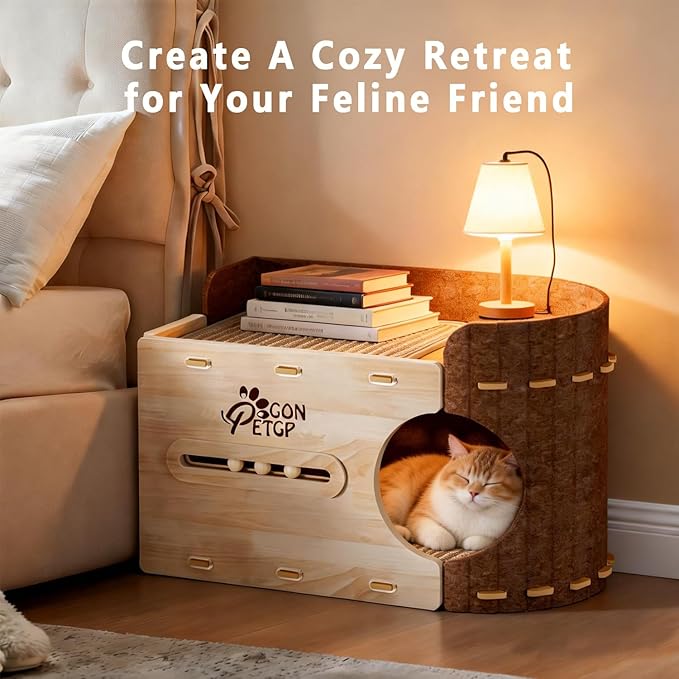 GONPETGP Large Cat Beds for Indoor Cats, Extra Wide Cat House Cave with Scratch Pad Wooden Play Ball, Foldable Felt Kittens Hideaway Condo for Multiple Small Pets