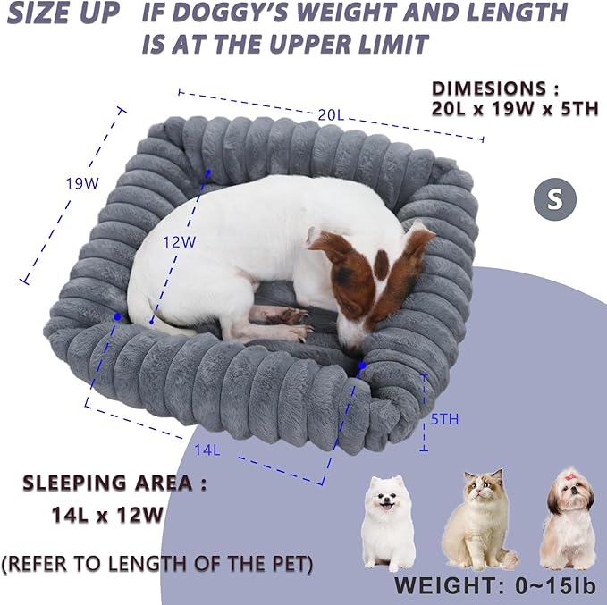 Rectangle Dog Bed for Small Dogs Washable Furry Puppy Beds,Orthopedic Soft Calming Warming Sleeping Cat Bed with Sides,Cozy Corduroy Fleece Square Pet Beds for Large Cat and Puppy,Warm Grey 20x19 Inch