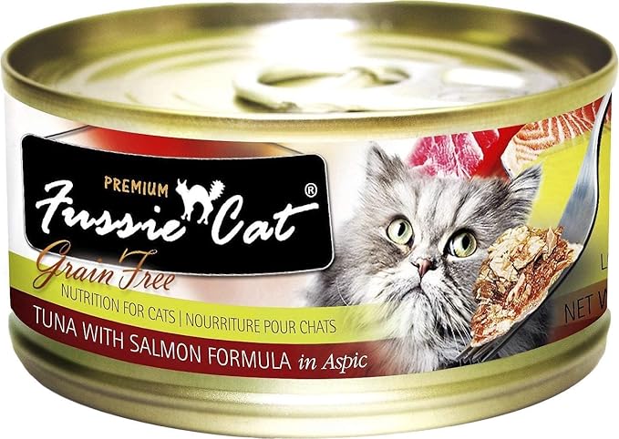 Fussie Cat Premium Canned Grain Free Cat Wet Food - Variety 4 Flavors Pack Food Bowl (12 Cans) (Tuna & Ocean Fish- Salmon - Shrimp - Chicken) (2.82 Oz)