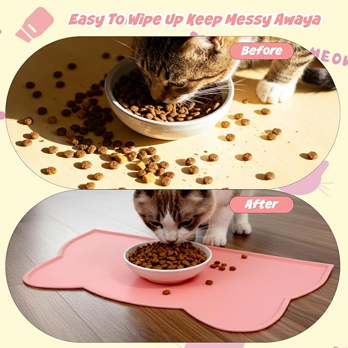 Xindojuz Cat Bowl Mat for Food and Water, Silicone Pet Feeding Food Mat for Floor Waterproof Non-Slip Dog Water Bowl Tray Cushion with Raised Edge for Indoor Cats Dogs Pet Placemat (Pink, 44×26 cm)