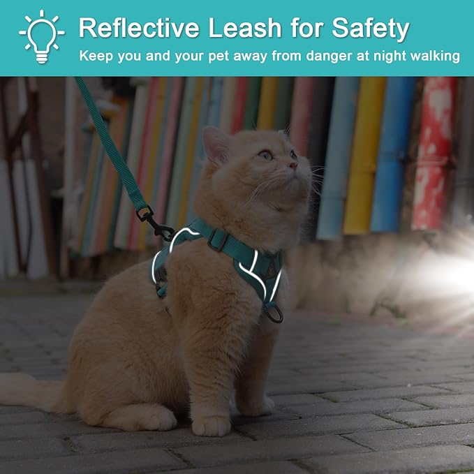 Cat Harness and Leash Set for Outdoor Walking, Upgraded Escape Proof Adjustable Kitten Vest with Lead for Small Cat, Soft Breathable Mesh Jacket with Reflective Strips for Dark Night, S, Green