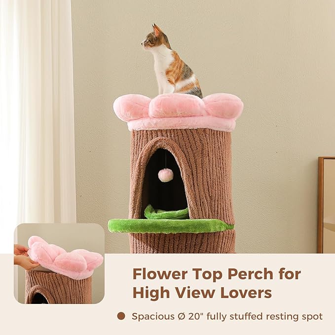 MUTTROS Forest Cat Tree Tower with 4 Condos, 68.5" Tall Cat Tower with Flower Top Bed & Thick Scratching Post (φ3.8in) – Large Heavy Duty Tree that Looks Like a Tree for Indoor & Multi-Cat Households