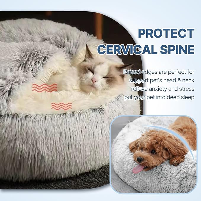 SUOXU Small Dog Bed, Nest Warm Super Soft Plush Faux Fur Washable Dog Bed with Non-Slip Bottom for Medium Small Dogs Snooze Sleeping Indoor (Gray-65cm/25in)