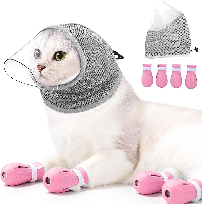 Adjustable Cat Muzzle for Grooming & Biting Prevention, Upgrade Kitten Head Cover,Breathable Anti-Bite Cat Mask with 4 Anti-Scratch Gloves Boots Silicone Shoes for Nail Trim Bath Vet Visit (Grey, S)