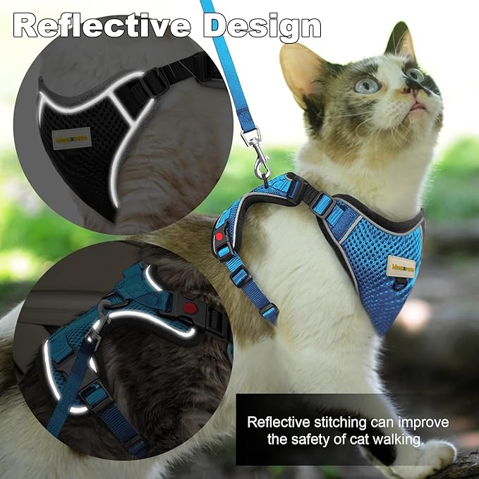 MingXpets Cat Harness and Leash for Walking, Retractable Cat Harnesses and Leash Set Escape Proof, Breathable Soft Kitten Small Large Harness for Travel Training and Walking, Blue, M