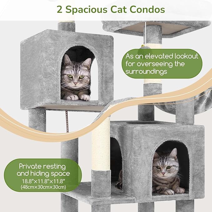 Globlazer 74in Heavy Duty Cat Tree for Large Indoor Cats, Multi-Level Cat Tower with Scratching Post, Cat Condos with Climbing Ladder, Hammock, Extra Large Top Perches, Pet Bed, F74D, Light Grey