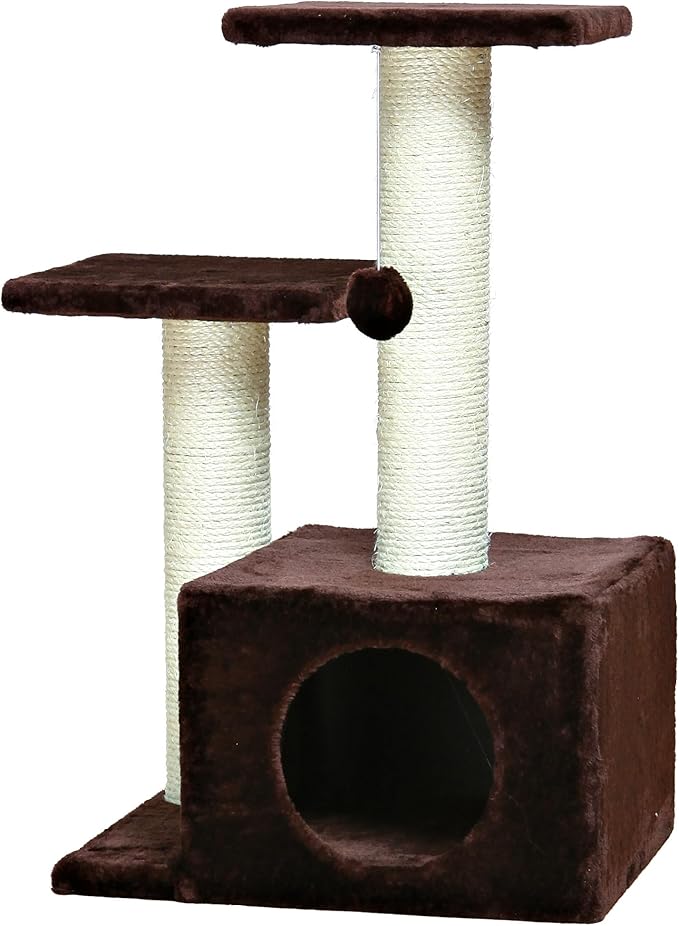 TRIXIE Valencia Scratching Post with Condo, Two Platforms, Dangling Cat Toy, Brown