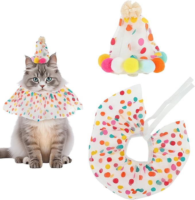 Cat Costume, Cat Birthday Bandana Scarf and Party Hat, Dog Birthday Decorations Set, Pet Outfit for Birthday Party Christmas, Medium