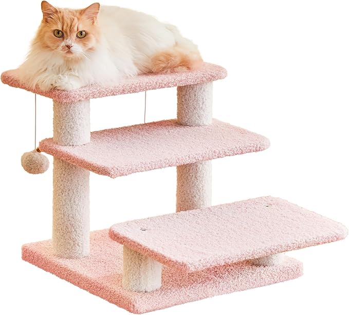 15''H Multi-Step Pet Stairs for High Beds & Sofas, 3-Step Cat Stairs with 2 Toy Balls, Wide Boards for Indoor Kittens Dogs Pets Climbing, Pink 2.0