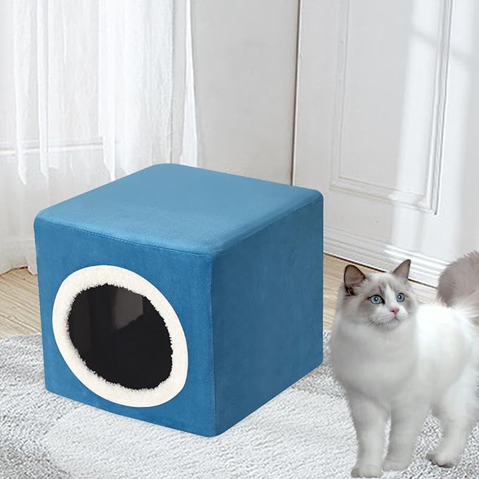 Generic Cat House Cat Bed for Indoor Cats Cat Hideaway Furniture Sturdy Kitty Cube Pet Condo for Pet Supplies Kitty Resting Sleeping, Blue
