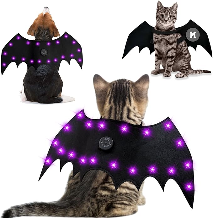 LED Bat Wings for Pets - Halloween Costume with 20 Lights, 4 Modes, Adjustable Fit for Cats & Dogs, Safe Soft Material for Party Trick or Treat （M Size）