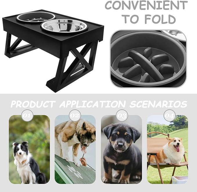 Beaupretty Elevated Double Pet Bowl Set Stainless Steel Slow Feeder with Adjustable Stand for Cats and Small Dogs Feeding and Watering Supplies
