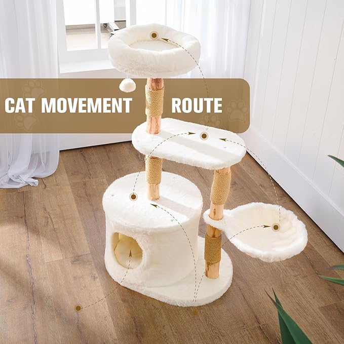 Modern Solid Hardwood Cat Tree Tower for Indoor Cats - Premium Wooden Cat Furniture with Scratching Posts, Cozy Condo, Stable Perch & Non-Tip Base, Multi-Level Play for Small & Medium Cats