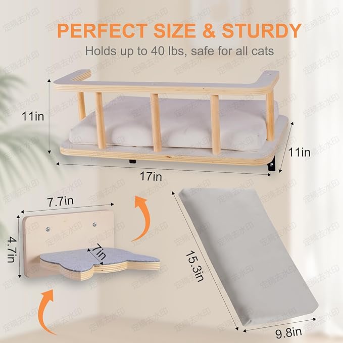 Large Cat Wall Shelves with 5 Steps - Heavy Duty Cat Wall Furniture, Climber, Shelves & Perches with Comfy Cushion & Guardrails, Space-Saving for Indoor Cats(Grey)