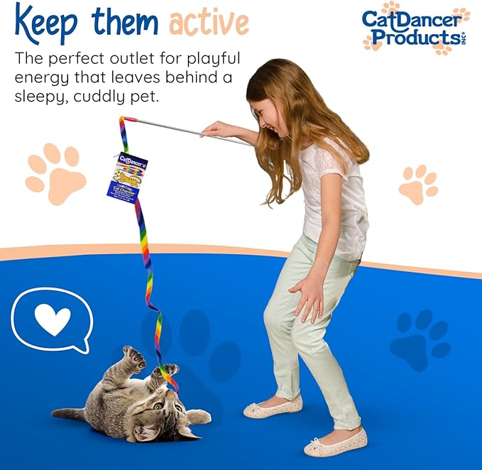 Cat Dancer Products Rainbow Cat Wand Charmer, Safe Teaser Wand for Indoor Cats & Kittens, Flexible Exercise Toy Made of Multicolor Fabric Ribbon, For Medium Breeds