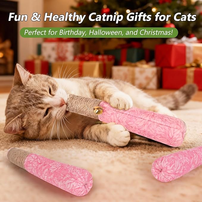3 Pack Catnip Toys for Cats, Funny Cat Toys with Dental Rope & Fun Bell,100% Pure Organic Catnip Toys,Cat Chew Toy Bite-Resistant Kitten Teething Chew Toys,Anxiety Relief Cat Toys for Indoor Cats