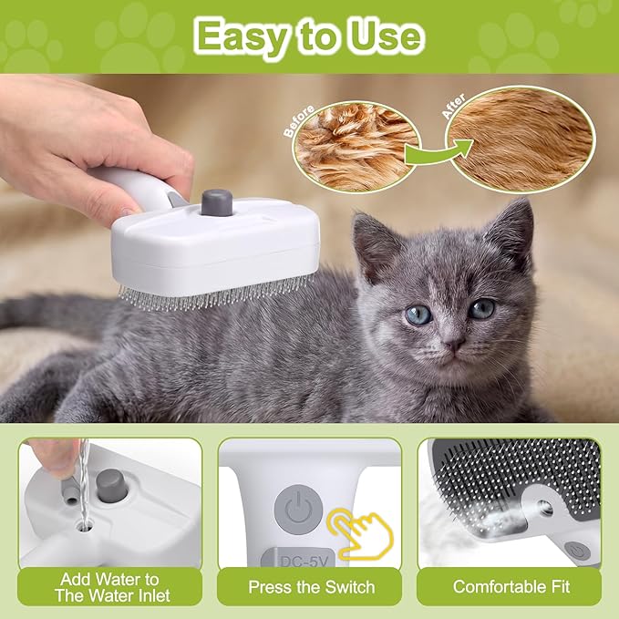 Pet Steam Brush, 3-in-1 Cat and Dog Grooming Brush for Shedding, Pet Hair Cleaning, Massage, Self Cleaning Spray Comb for Long and Short Hair (White)