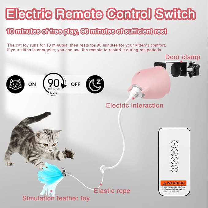 Cat Toys Interactive for Indoor Cats, Rechargeable Toy Hanging Door Electric with 4pcs Feathers Toys for Bored Kittens (Pink)