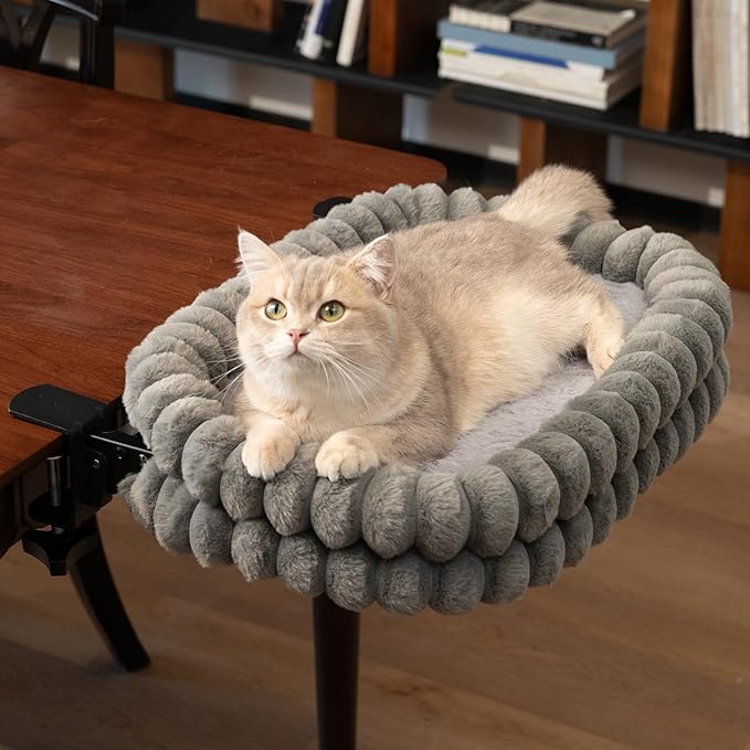 CHEERPALS Cat Desk Bed with Reversible Cushion, 90°Foldable Cat Hammock for Desk Mounted, Suitable for Medium-to-Large Cats and Puppy, Clowd Series(Grey, Medium)