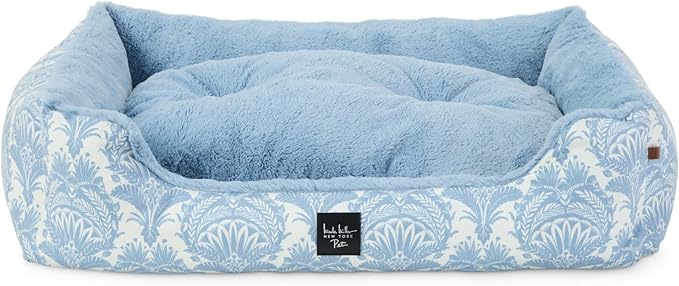 Nicole Miller New York PET Mod Damask Plushy Bolster Pet Bed, Cozy & Calming, Non-Slip Bottom, Machine Washable Cover, Blue, Extra Small 19"x15"x6"