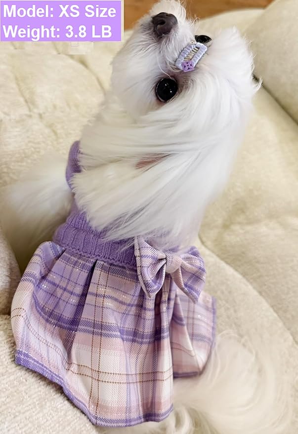Purple Knitted Dog Sweater Dress, Pink Plaid Dog Winter Clothes Dresses for Dogs Girl, Dachshund Doggy Pet Apparel, Large (L)